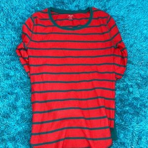Long sleeve t-shirt. Red with green stripes.